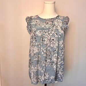 Pleione Floral Blue Cap Ruffle Sleeve Women's Top
